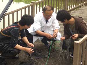小島先生から炭素繊維の取り付け方を学びます。